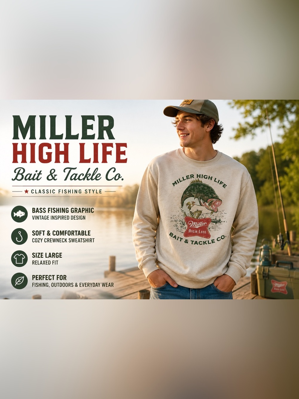 Miller High Life Bait & Tackle Co Crewneck Sweatshirt Large Fishing Graphic